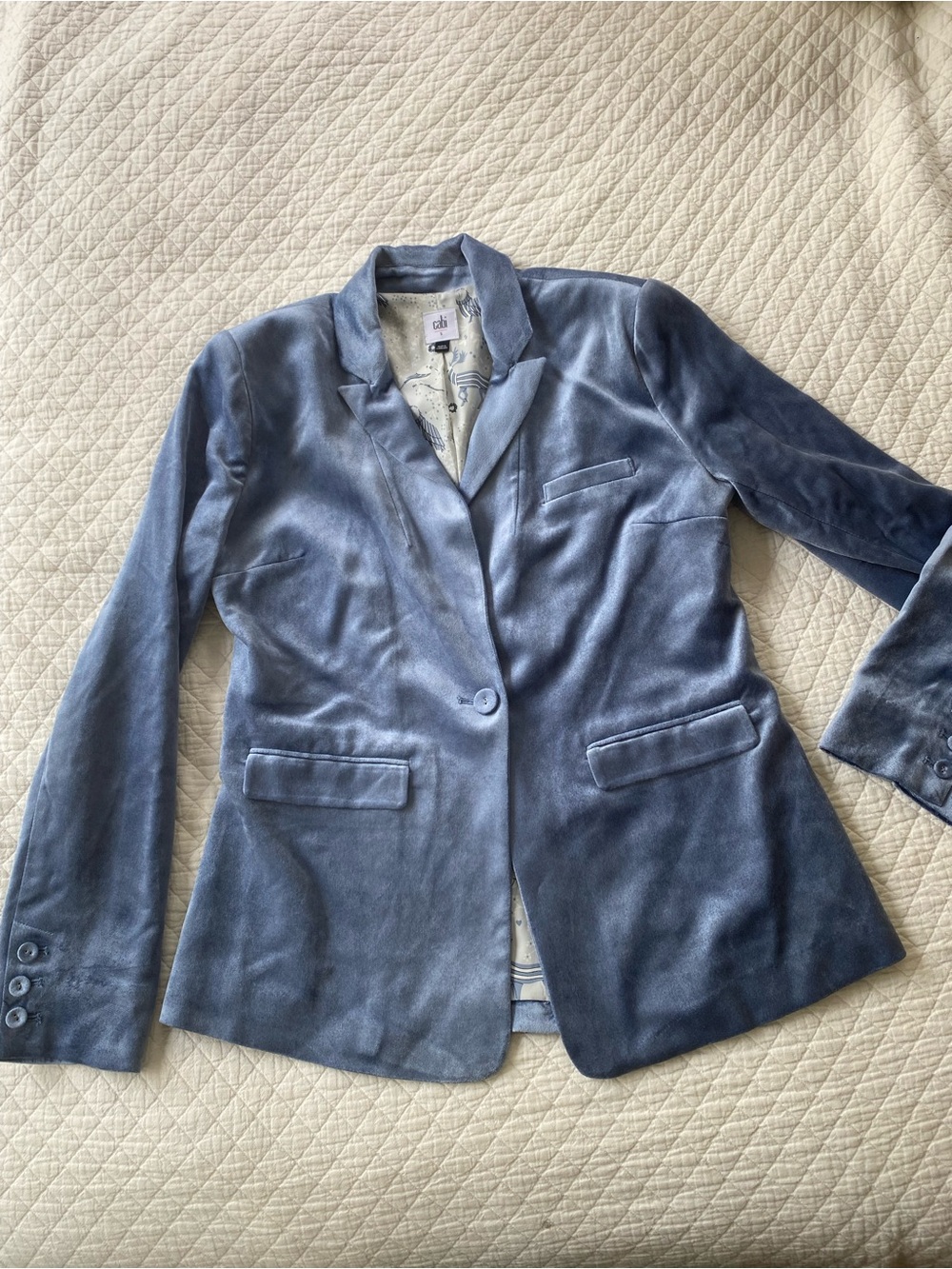 Cabi Jaden Blue Velvet Single-Button Blazer Jacket Ice Boho Luxe Holiday Small